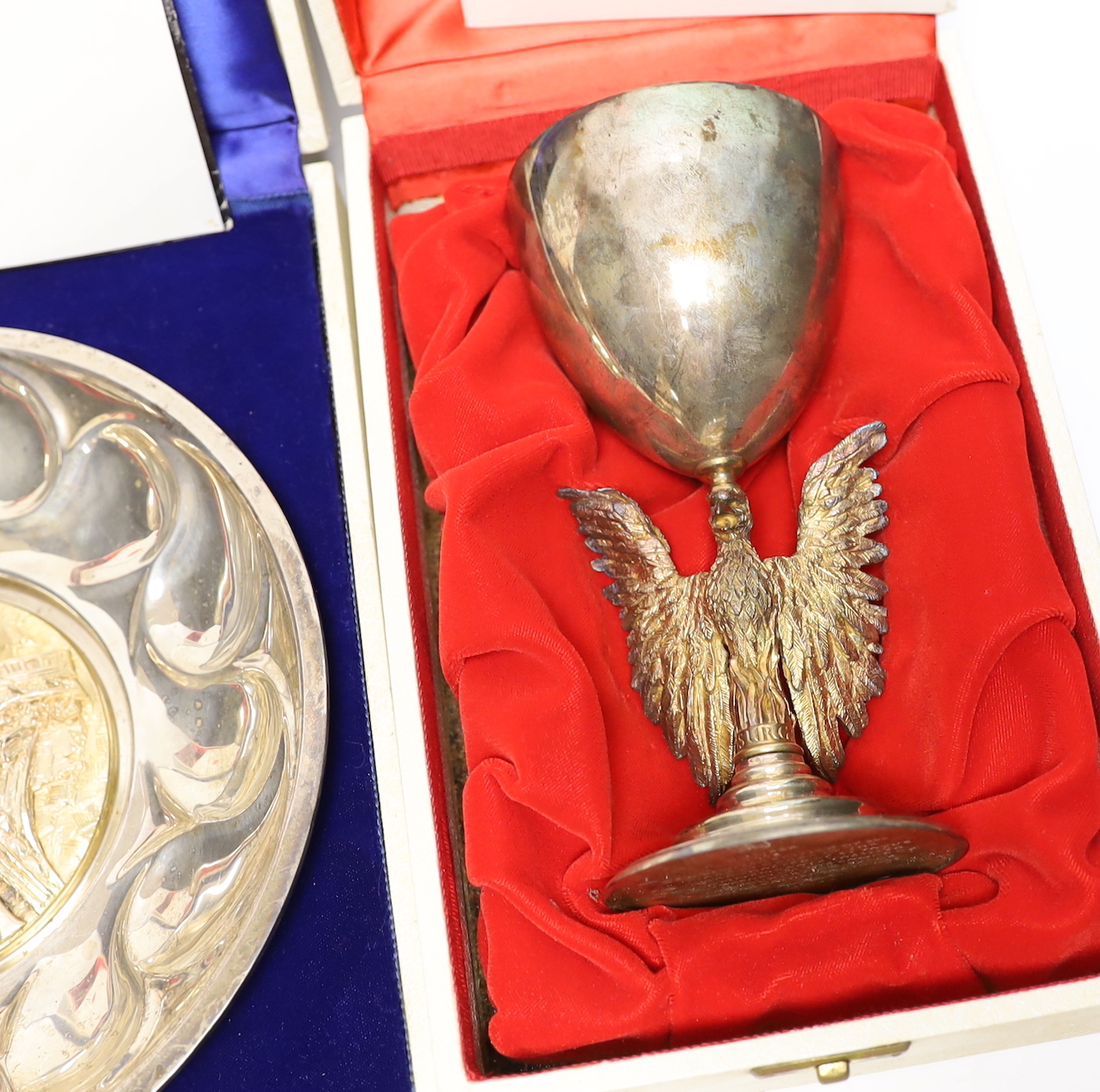 Four cased presentation silver items to include a bowl, numbered 336 of 750, made by Order of the Royal National Lifeboat Institution to commemorate their 105th anniversary in 1974, together with three goblets limited to